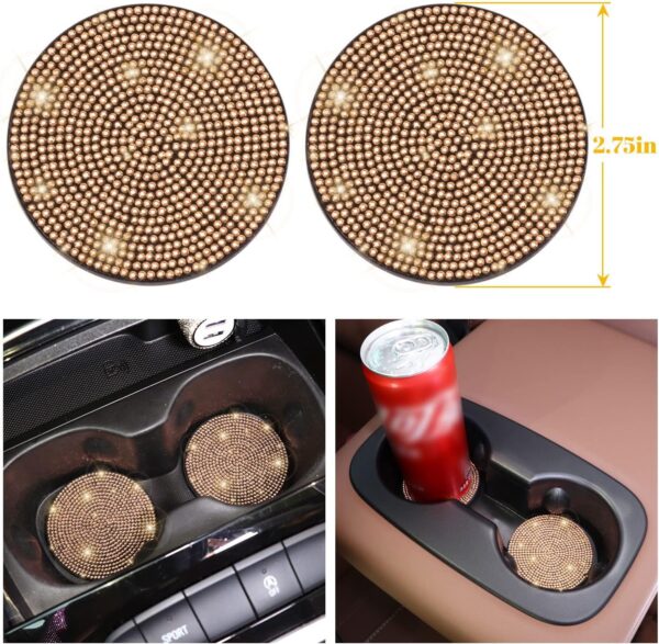 ToBeQueen Gold Steering Wheel Cover Set 15 inch,7 Pack Crystal Rhinestone Diamond Bling Gold Car Accessories,Seat Belt Cover,Gold Gear Shift Push Start Button Cover, Cup Coasters,Champagne