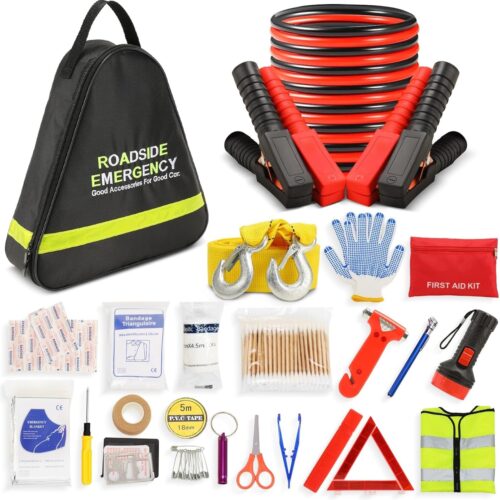 Emergency Breakdown Kit, 76 in 1 Multifunctional Roadside Assistance Car Breakdown Kit with Jumper Cables, Tow Rope, Triangle, Flashlight, Safety Hammer, etc