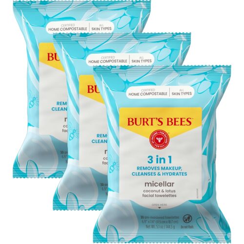 81lv-hLlHkL._SL1500_.jpg Face Wipes, Burt's Bees Facial Cleansing, Makeup Remover Towelettes, 3 in 1 Hydrating Micellar Cleanser with Coconut & Lotus Water, 90 Count (Packaging May Vary)