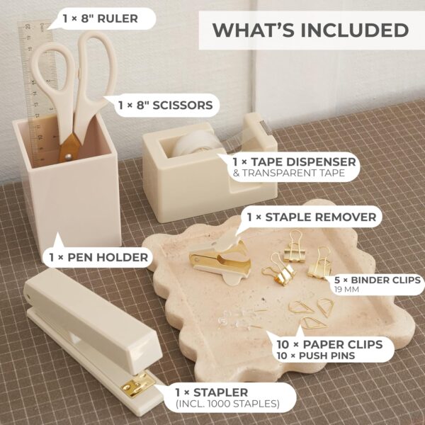 81mUNsnYuSL._AC_SL1500_.jpg Aesthetic Desk Accessories Set - A Complete Desktop Organizer Set For Women Enhances Any Office Decor - An Office Supplies Kit w Gold Finish incl. Pen Holder, Scissors, Stapler, Tape Dispenser & More
