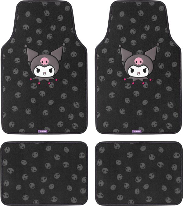 Kuromi Carpet Car Floor Mats - Universal Fit for Cars, SUVs & Trucks - Black with Kuromi Print & Purple, Pink Accents - Front & Rear Set, 4 Piece