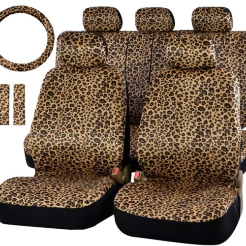 Audel Zebra Car Seat Cover Set with 2 Seat Belt Pads & Universal 15 Inch Steering Wheel Cover Fit for Car, Truck, SUV, or Van (Leopard)