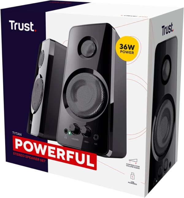 Trust Tytan 2.0 PC Speaker Set, USB Powered Sound System, Plug and Play Speakers, Bass Control, 36 W Peak Power, Wired Speakers for PC, Computer, Laptop, Tablet, Mac, Phone, Smartphone, TV - Black