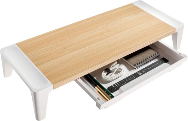 Properav Universal Computer Monitor Desk Riser Stand with Drawer Storage for PC TV Laptop - Wood Effect