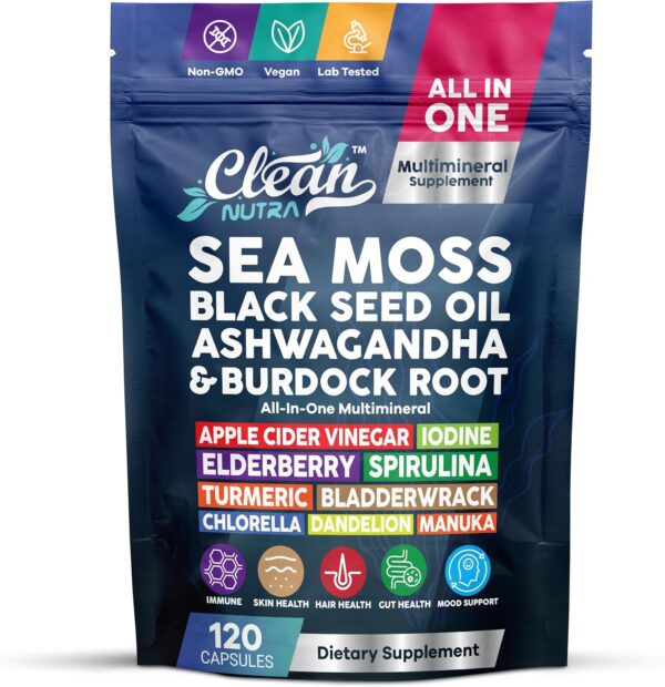 81wo9yg82oL._AC_SL1500_.jpg Clean Nutraceuticals Sea Moss Black Seed Oil Ashwagandha Turmeric Bladderwrack Burdock & Vitamin C Vitamin D3 with Elderberry Manuka Dandelion (120 Count (Pack of 1))
