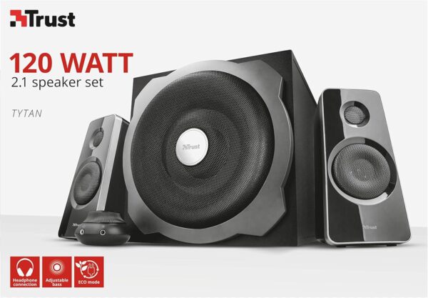 Trust Tytan 2.1 PC Speakers with Subwoofer, 120W (60W RMS), UK Plug, Sound System with Wired Volume Control, Jack 3.5 mm, Computer Speakers for PC, Laptop, TV, Tablet and Smartphone - Black