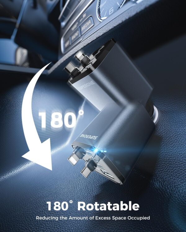 SUPERONE Retractable Car Charger, [Ultra-Compact] 6-Port Car Charger USB C, Phone Car Chargers Fast Charging with USB C & Apple Cable, Car Accessories Phone Chargers for 17/16/15/14/13/12 Series