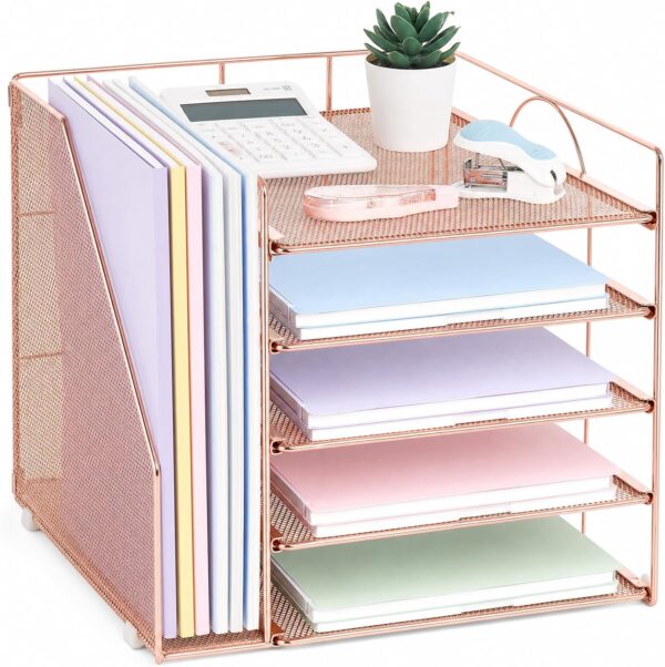 81y9FPNWCJL._AC_SL1500_.jpg LEKETREE Desk Organizer with 5-Tier Paper Letter Tray and File Holder, Desktop Accessories for Office Supplies & Workspace (Rose Gold)