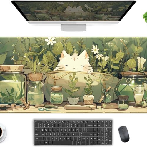 91HxeuETljL._AC_SL1500_.jpg Cute Kawaii White Cat Anime Green Plant Leaves Desk Mat Large Mouse Pad Gaming Desk Pad, XL Extended Mousepad Desk Accessories for Women Office Decor Long Laptop Keyboard Mouse Mat 31.5x11.8 in