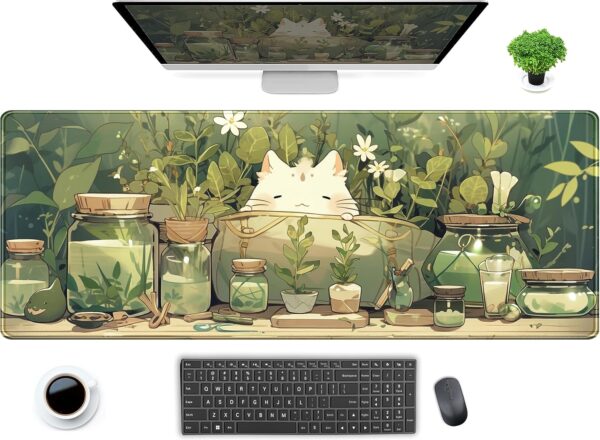 91HxeuETljL._AC_SL1500_.jpg Cute Kawaii White Cat Anime Green Plant Leaves Desk Mat Large Mouse Pad Gaming Desk Pad, XL Extended Mousepad Desk Accessories for Women Office Decor Long Laptop Keyboard Mouse Mat 31.5x11.8 in