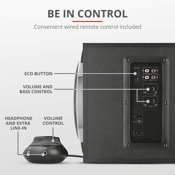 Trust Tytan 2.1 PC Speakers with Subwoofer, 120W (60W RMS), UK Plug, Sound System with Wired Volume Control, Jack 3.5 mm, Computer Speakers for PC, Laptop, TV, Tablet and Smartphone - Black