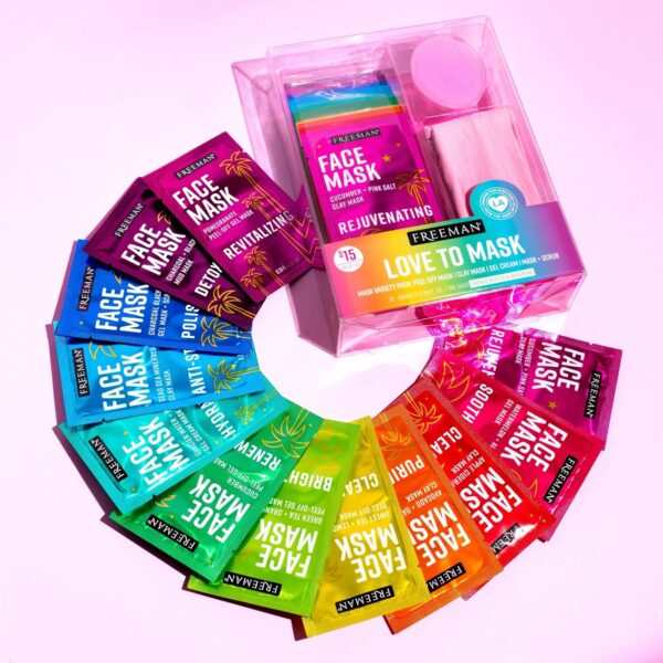 Freeman 14 Piece Love To Mask Variety Pack, Facial Masks For All Skin Types, Hydrate, Detoxify, & Clear Skin, Exfoliating Scrub, Bonus Headband and Skin Buffer, Face Masks Are Cruelty-Free & Vegan
