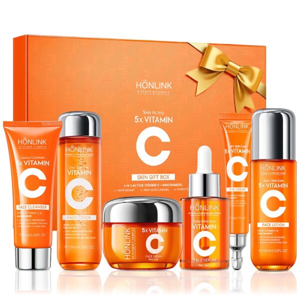 91iUn61g79L._SL1500_.jpg 6-Piece Hydrating Vitamin C Skincare Set with Niacinamide, Daily Face Care Routine Includes Cleanser, Toner, Serum, Moisturizer, Eye Cream & Body Lotion for Self Care
