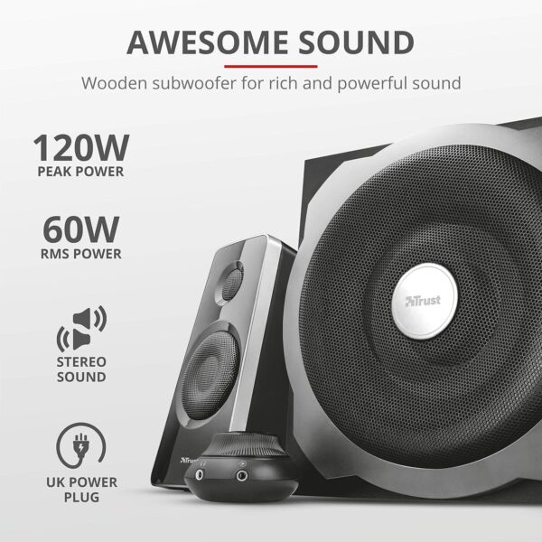Trust Tytan 2.1 PC Speakers with Subwoofer, 120W (60W RMS), UK Plug, Sound System with Wired Volume Control, Jack 3.5 mm, Computer Speakers for PC, Laptop, TV, Tablet and Smartphone - Black