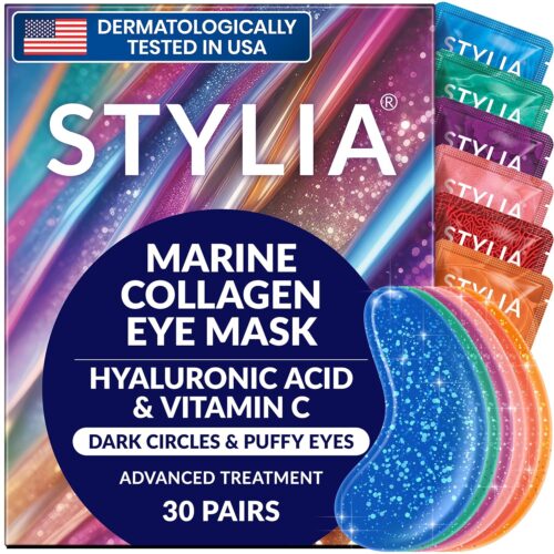 91rkgPCnM5L._SL1500_.jpg Stylia Collagen & Vitamin C Under Eye Patches for Puffy Eyes & Dark Circles - Depuffing, Hydrating & Firming Under Eye Mask with Hyaluronic Acid - Stocking Stuffers for Teen Girls, Vegan (30 Pairs)